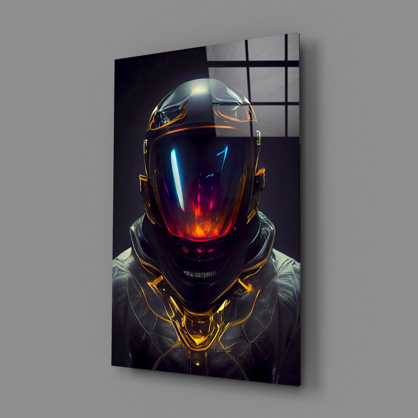 Crimson Visor Glowing Space Helmet Glass Wall Art