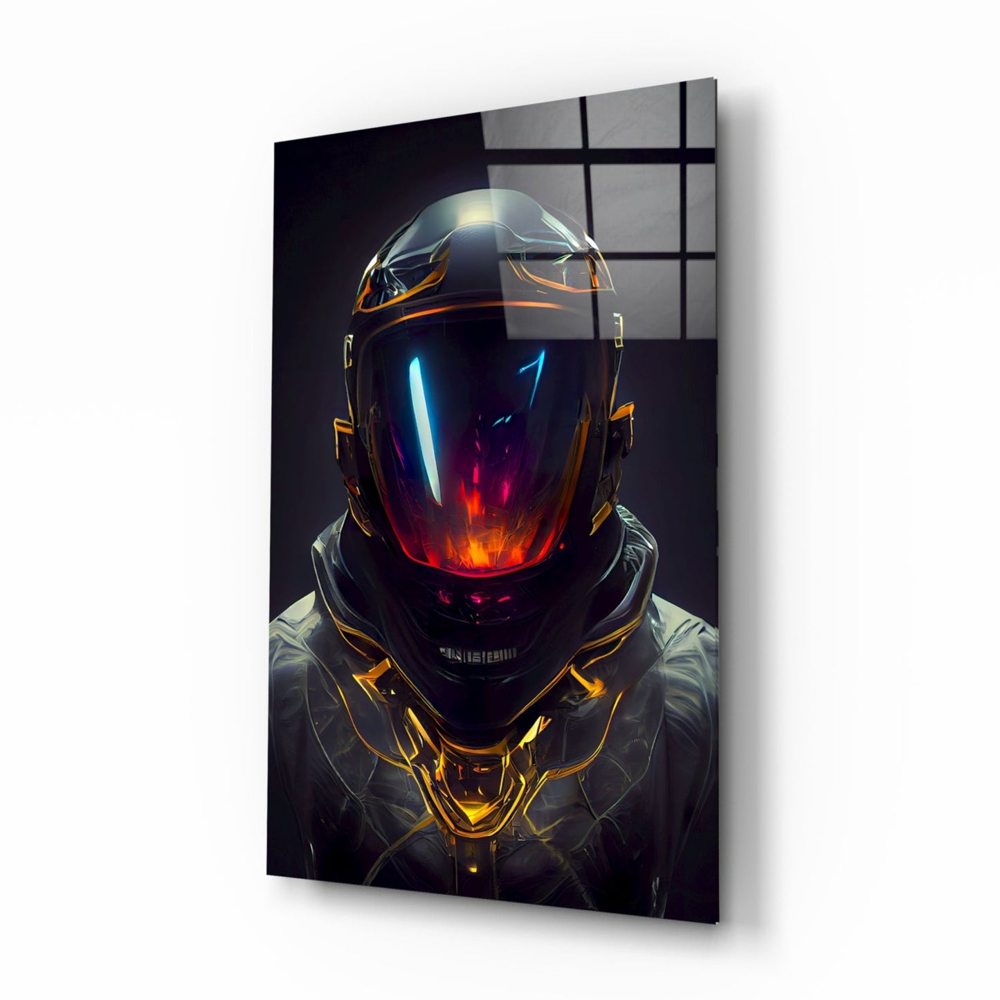 Crimson Visor Glowing Space Helmet Glass Wall Art