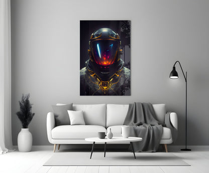 Crimson Visor Glowing Space Helmet Glass Wall Art