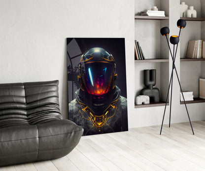 Crimson Visor Glowing Space Helmet Glass Wall Art
