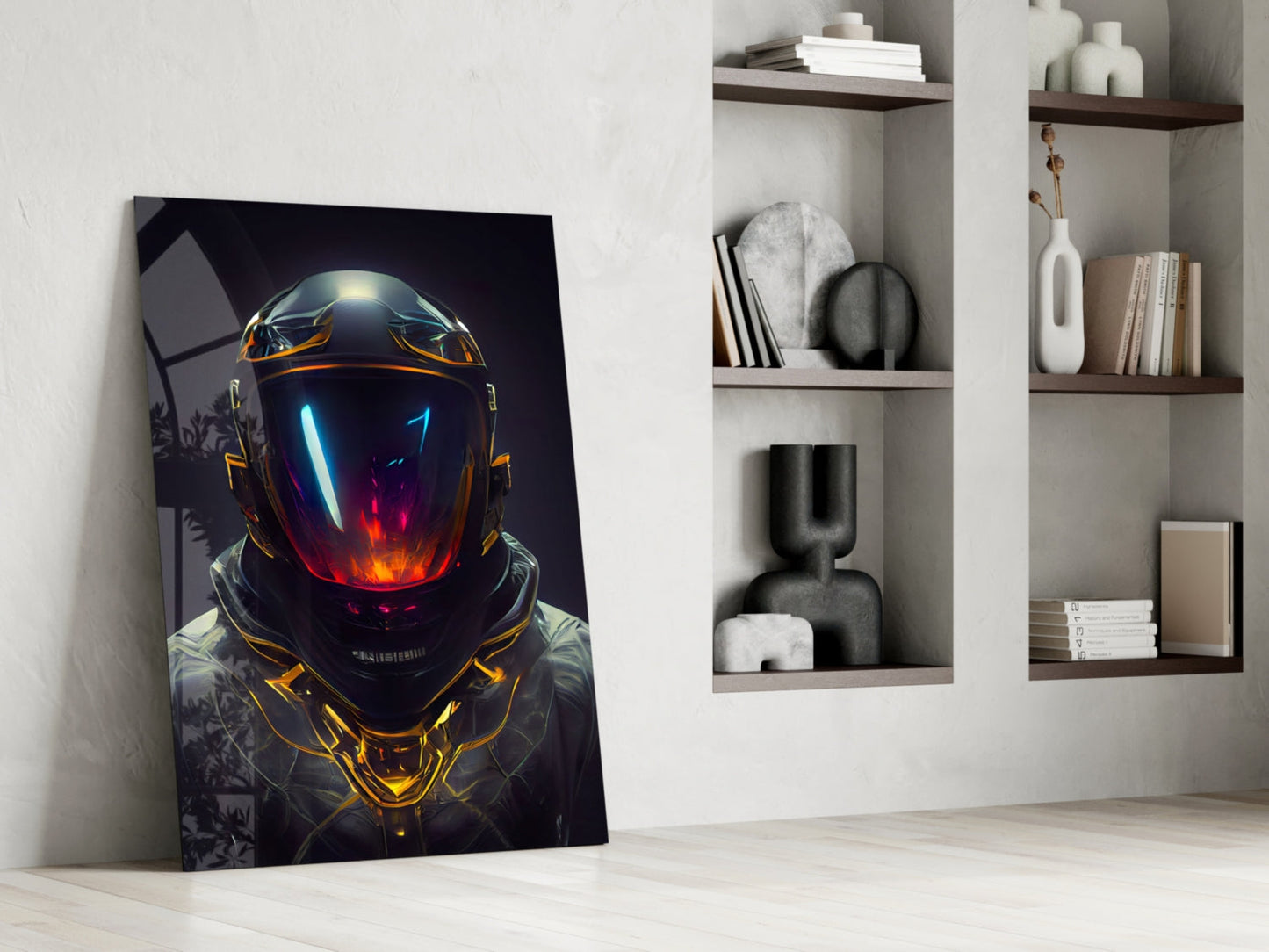 Crimson Visor Glowing Space Helmet Glass Wall Art