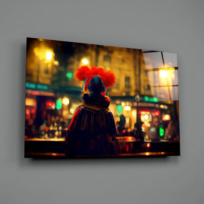 Glass art print mounted on wall showing a figure with bright red afro wig in illuminated nighttime street scene.