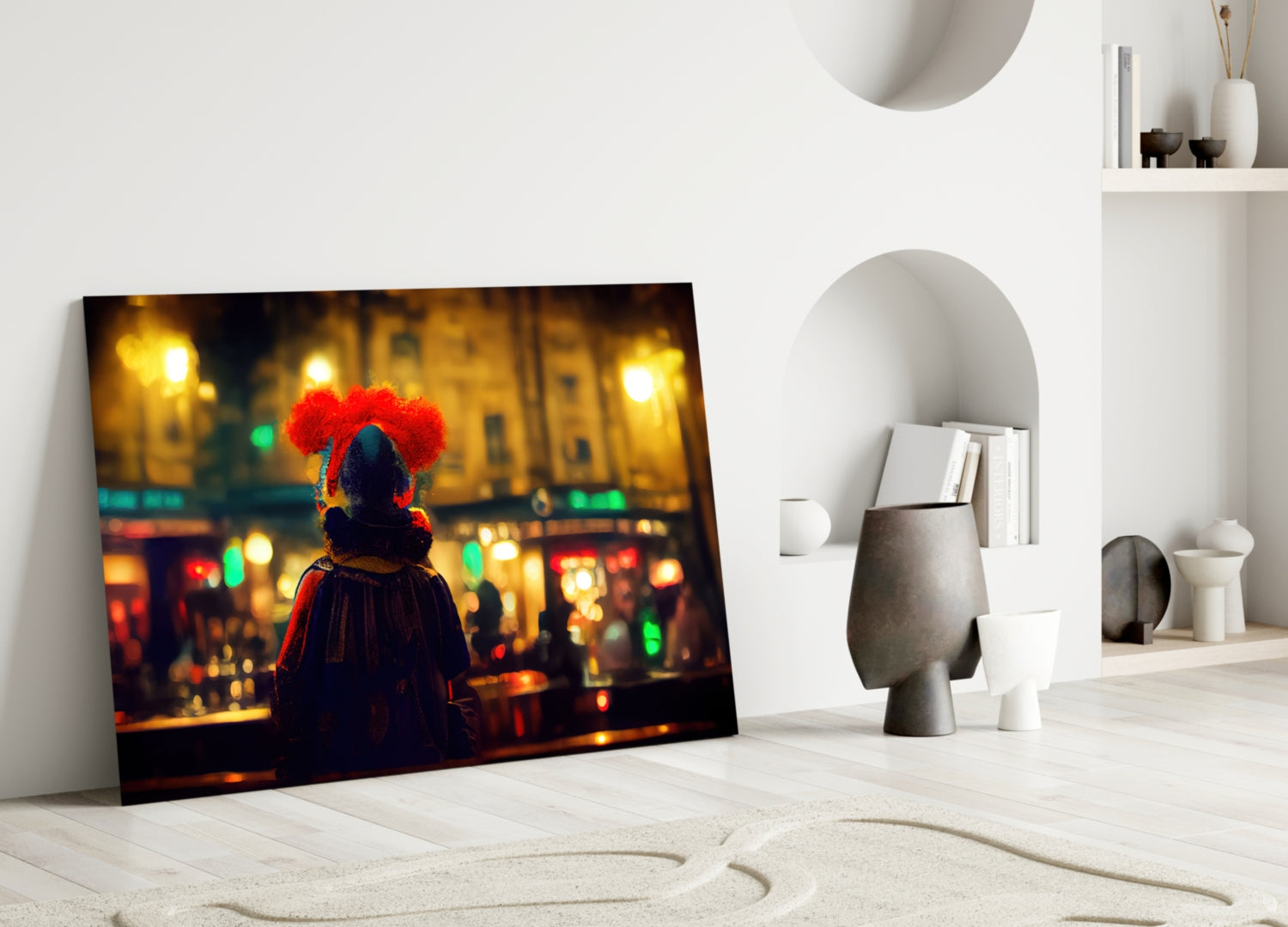 Glass art print leaning against white wall displays figure with red afro hair in illuminated nighttime cityscape scene.