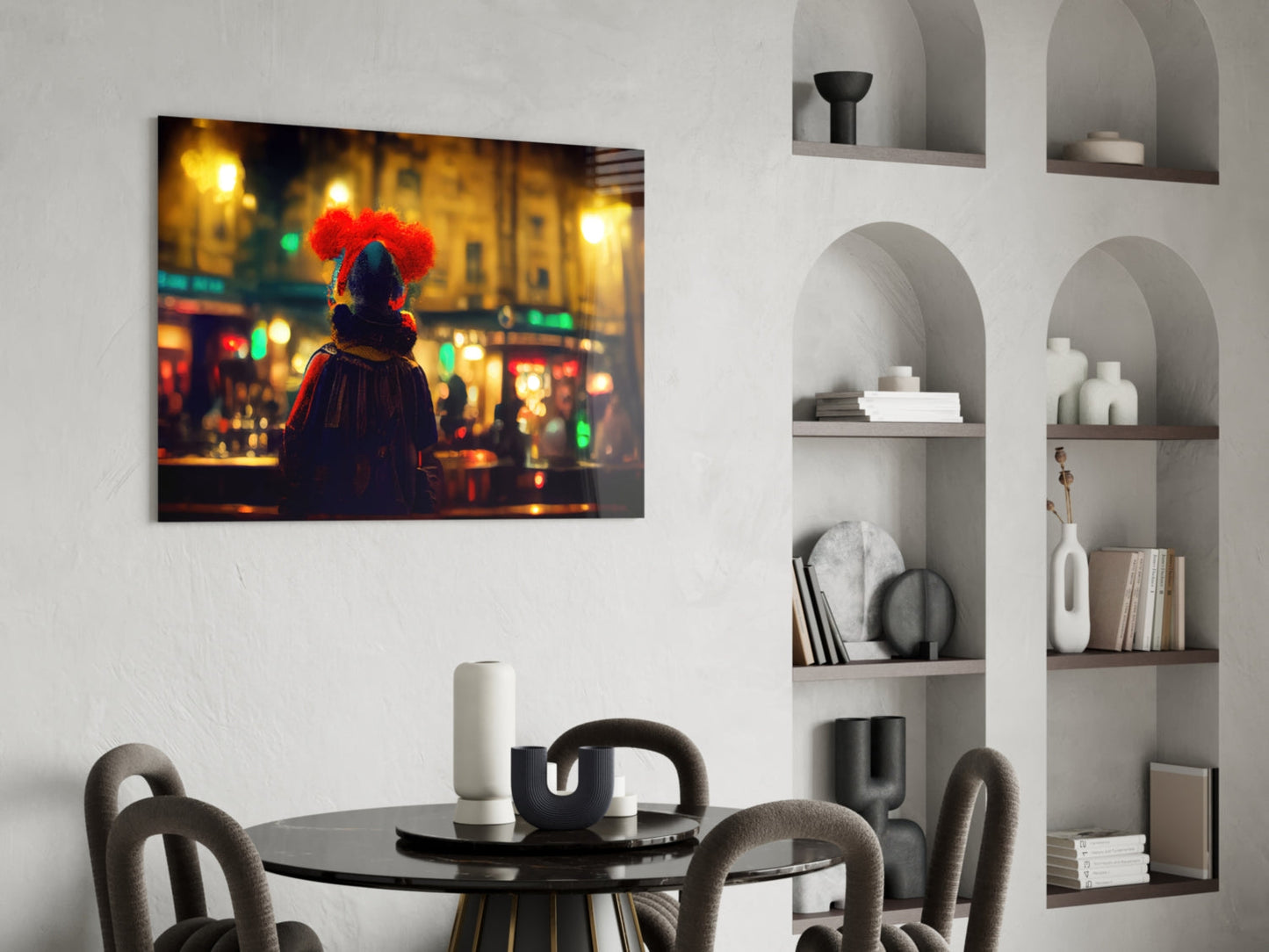 Vibrant glass art print depicting a figure with red hair in a glowing nighttime city street scene, displayed above a dining table.