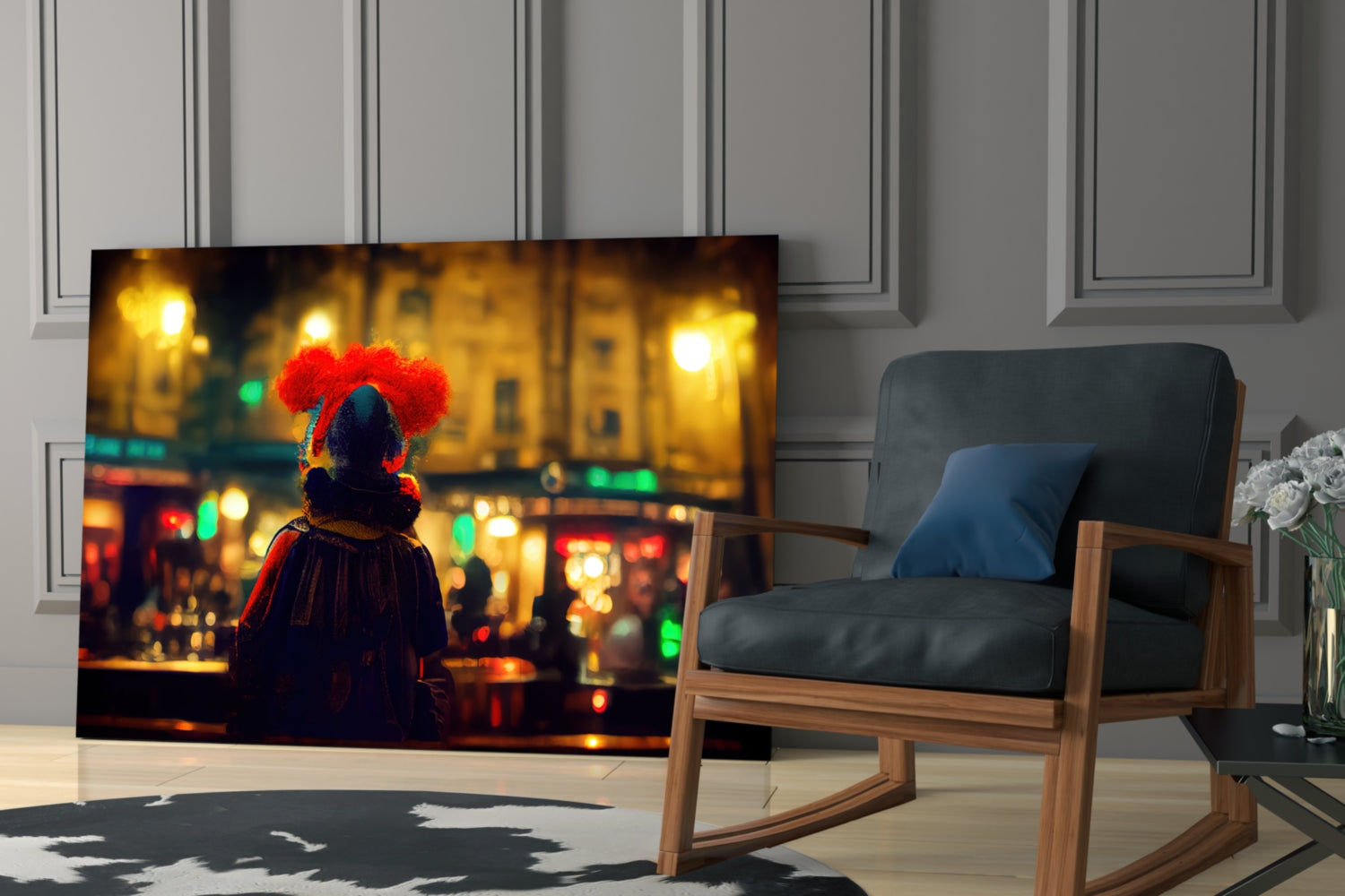 Glass art panel displaying a figure with red hair in a nighttime European street scene with warm yellow lighting, displayed on an easel next to a wooden chair.