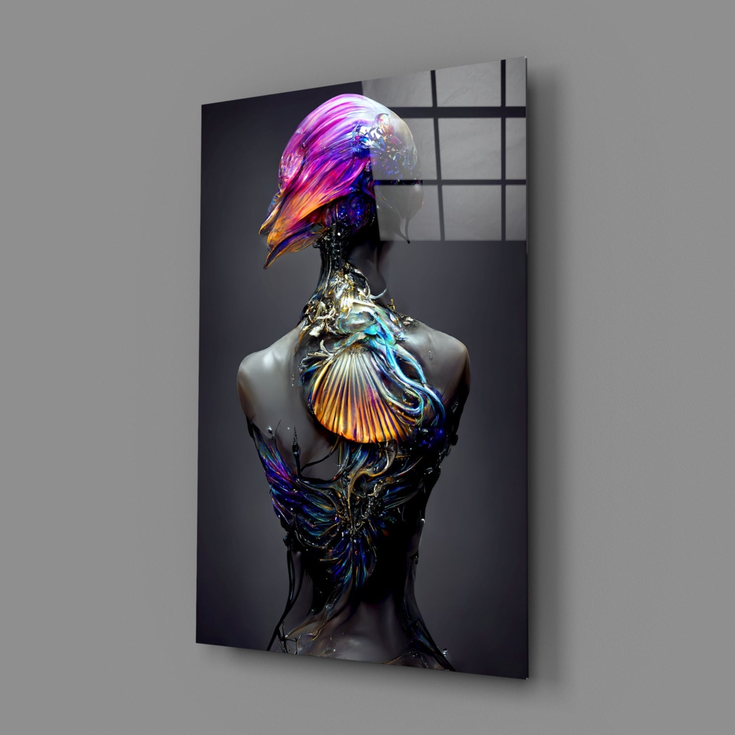 Sculptural glass art figure with iridescent pink, blue, and gold feather-like body forms displayed against dark background.