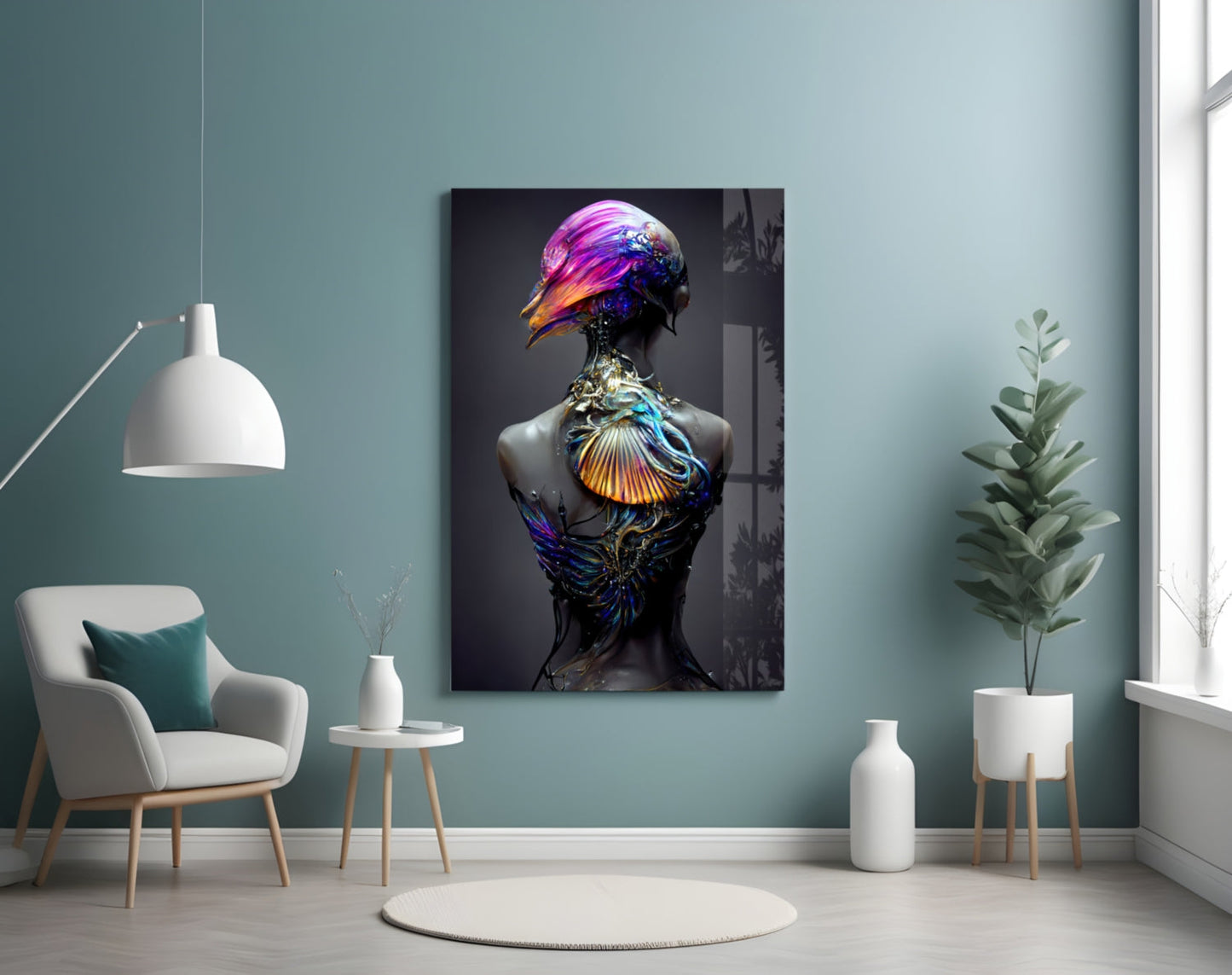Colorful glass art sculpture with iridescent blue, purple, and gold bird-like head displayed on turquoise wall in modern interior setting.