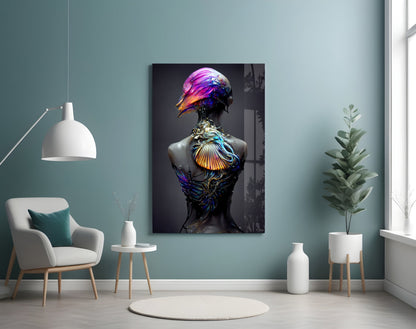 Colorful glass art sculpture with iridescent blue, purple, and gold bird-like head displayed on turquoise wall in modern interior setting.