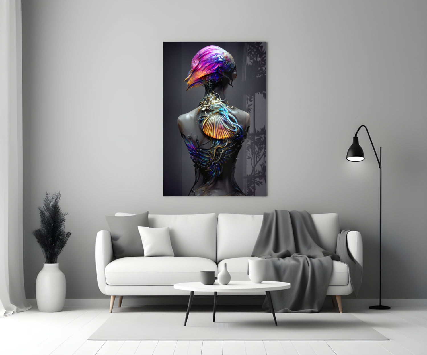 Colorful glass art sculpture displayed on white living room wall above sofa, featuring iridescent bird head and shell-patterned torso in magenta, blue, and gold tones.