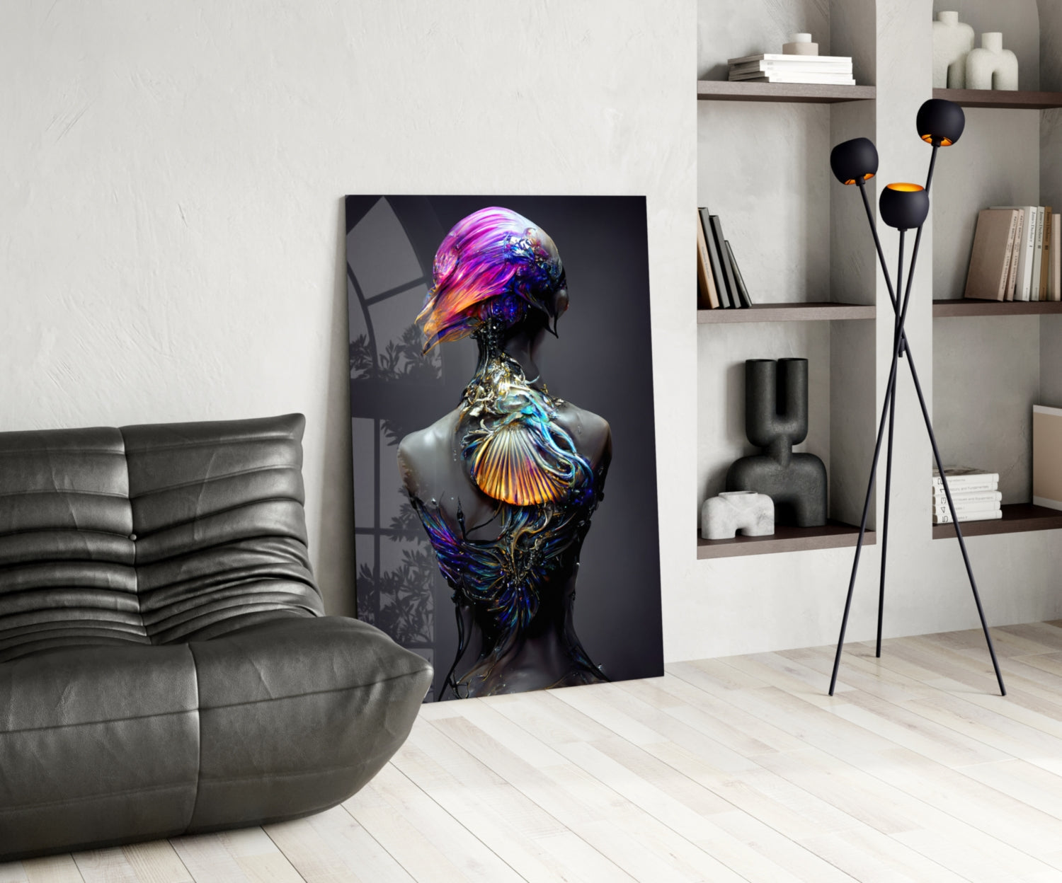 Vibrant glass art sculpture featuring a stylized figure with iridescent purple, blue, and gold tones displayed in modern living room setting.