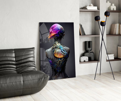 Vibrant glass art sculpture featuring a stylized figure with iridescent purple, blue, and gold tones displayed in modern living room setting.