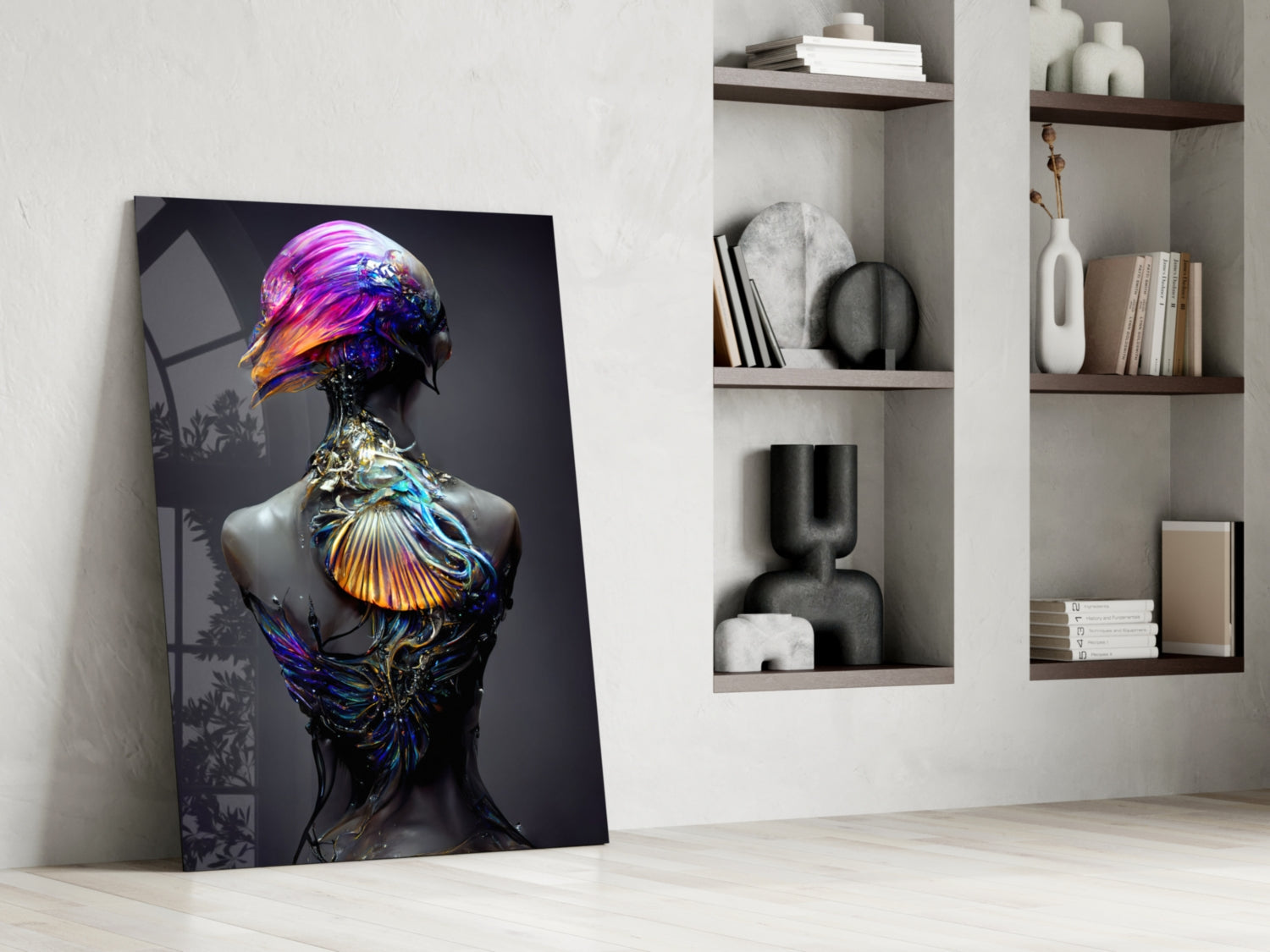 Framed canvas artwork leaning against white wall showing stylized figure with iridescent purple, blue, and gold glass-like head and torso against dark background.