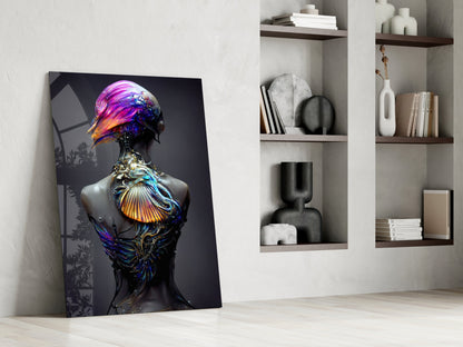 Framed canvas artwork leaning against white wall showing stylized figure with iridescent purple, blue, and gold glass-like head and torso against dark background.
