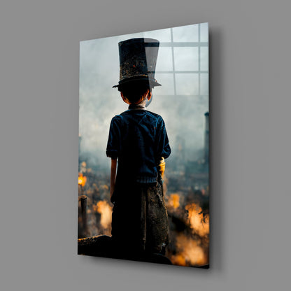 Child in top hat and blue shirt standing on edge overlooking cityscape with golden fires below, printed on glass panel.