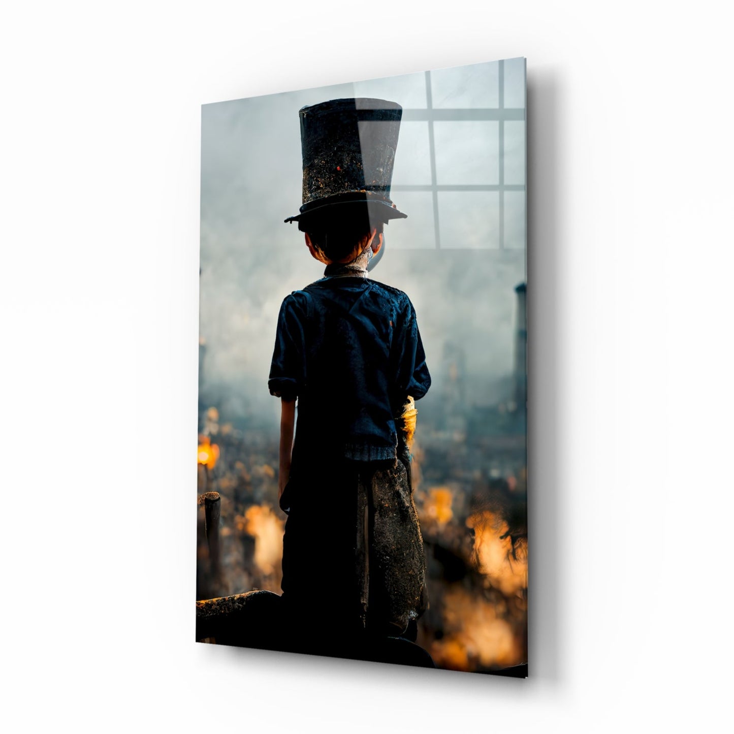 Child in tall black hat and blue shirt standing on stone ledge overlooking misty cityscape with golden light below.