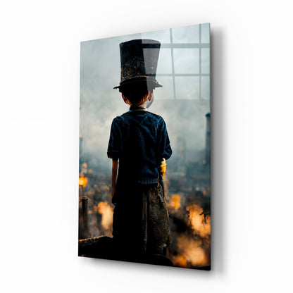 Child in tall black hat and blue shirt standing on stone ledge overlooking misty cityscape with golden light below.