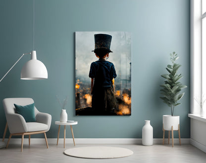 Child in top hat viewed from behind overlooking burning cityscape at golden hour, mounted on wall above minimalist seating area.