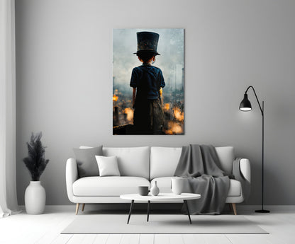 Child in dark blue shirt and tall black top hat viewed from behind, overlooking burning cityscape at golden hour.