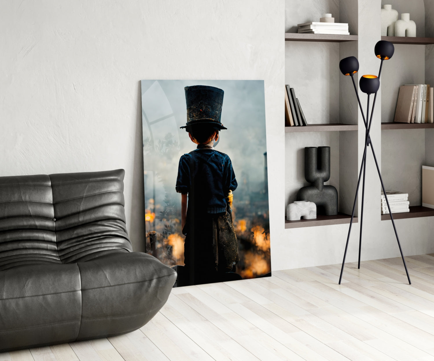 Glass art depicting a child in dark clothing and top hat standing amid orange flames, displayed in modern living room setting.