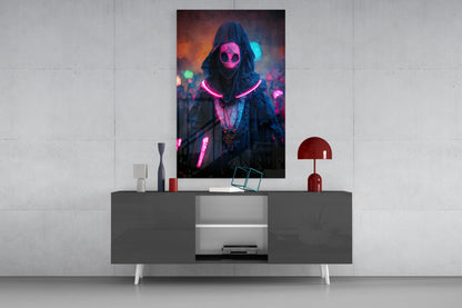 Pink Neon Masked Hooded Figure Glass Wall Art