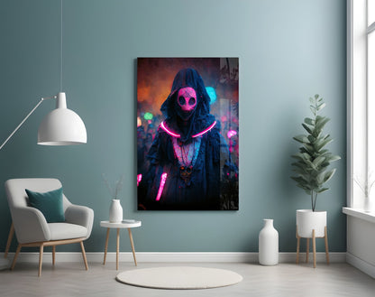 Pink Neon Masked Hooded Figure Glass Wall Art