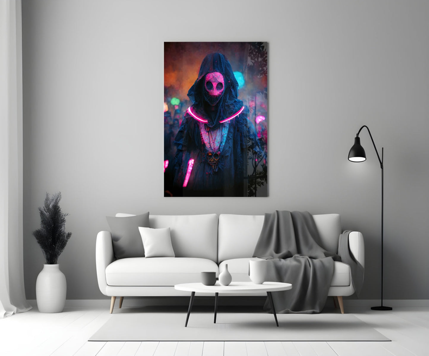 Pink Neon Masked Hooded Figure Glass Wall Art