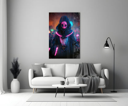 Pink Neon Masked Hooded Figure Glass Wall Art