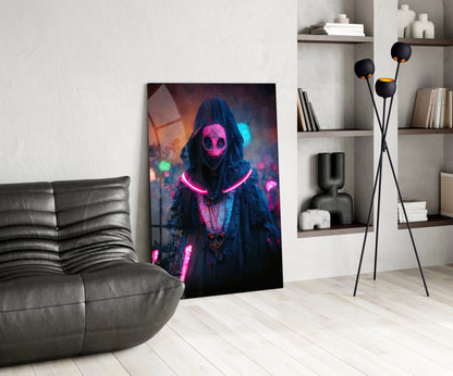 Pink Neon Masked Hooded Figure Glass Wall Art