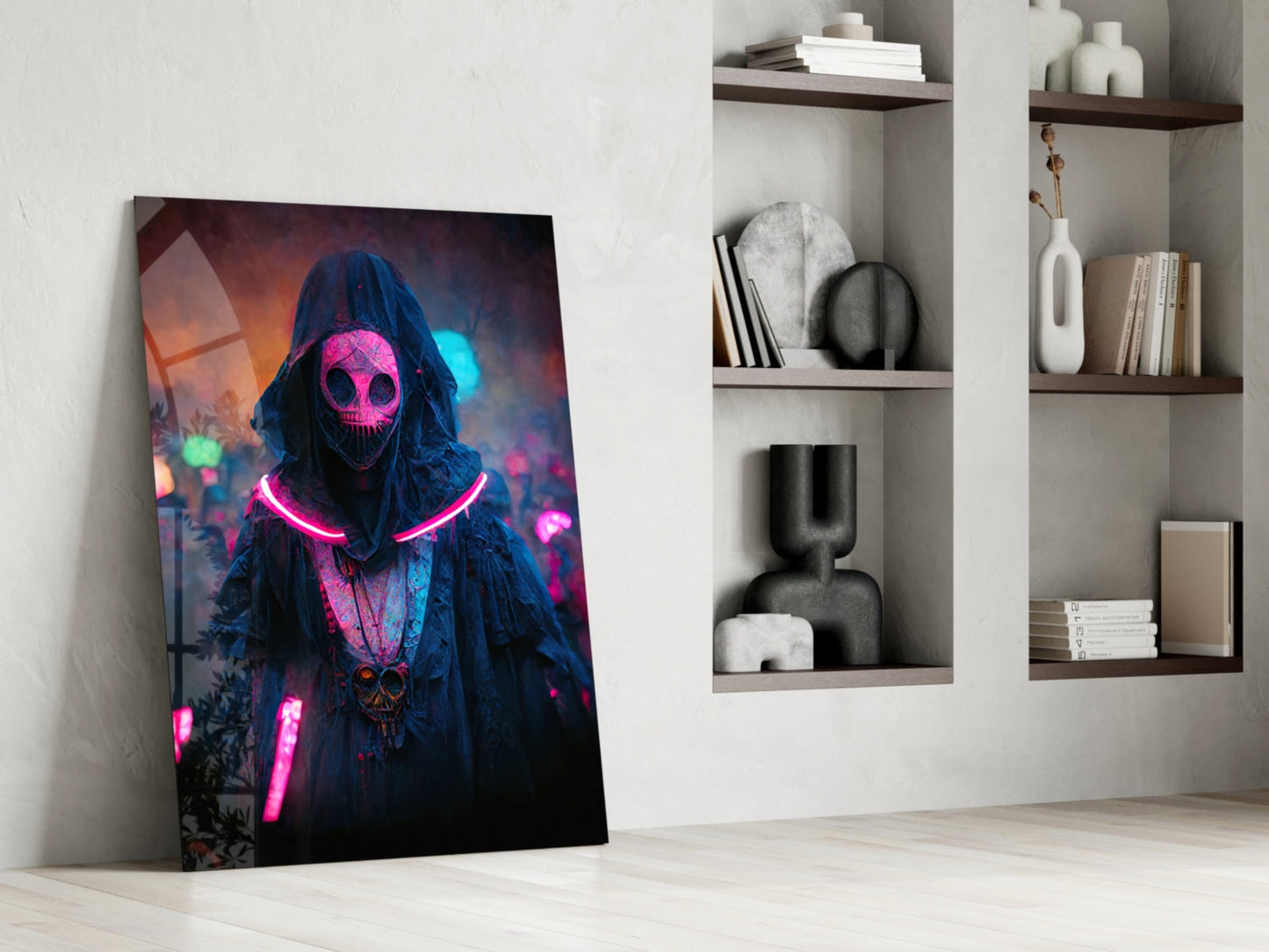 Pink Neon Masked Hooded Figure Glass Wall Art
