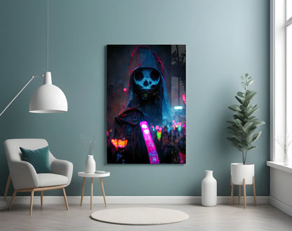 Neon Glow Stick Skull Mask Figure Glass Wall Art