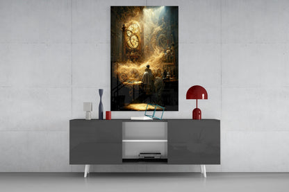 Golden-toned glass art depicting an ornate clock and figures in ethereal light, displayed on gray console table with red lamp and white legs.