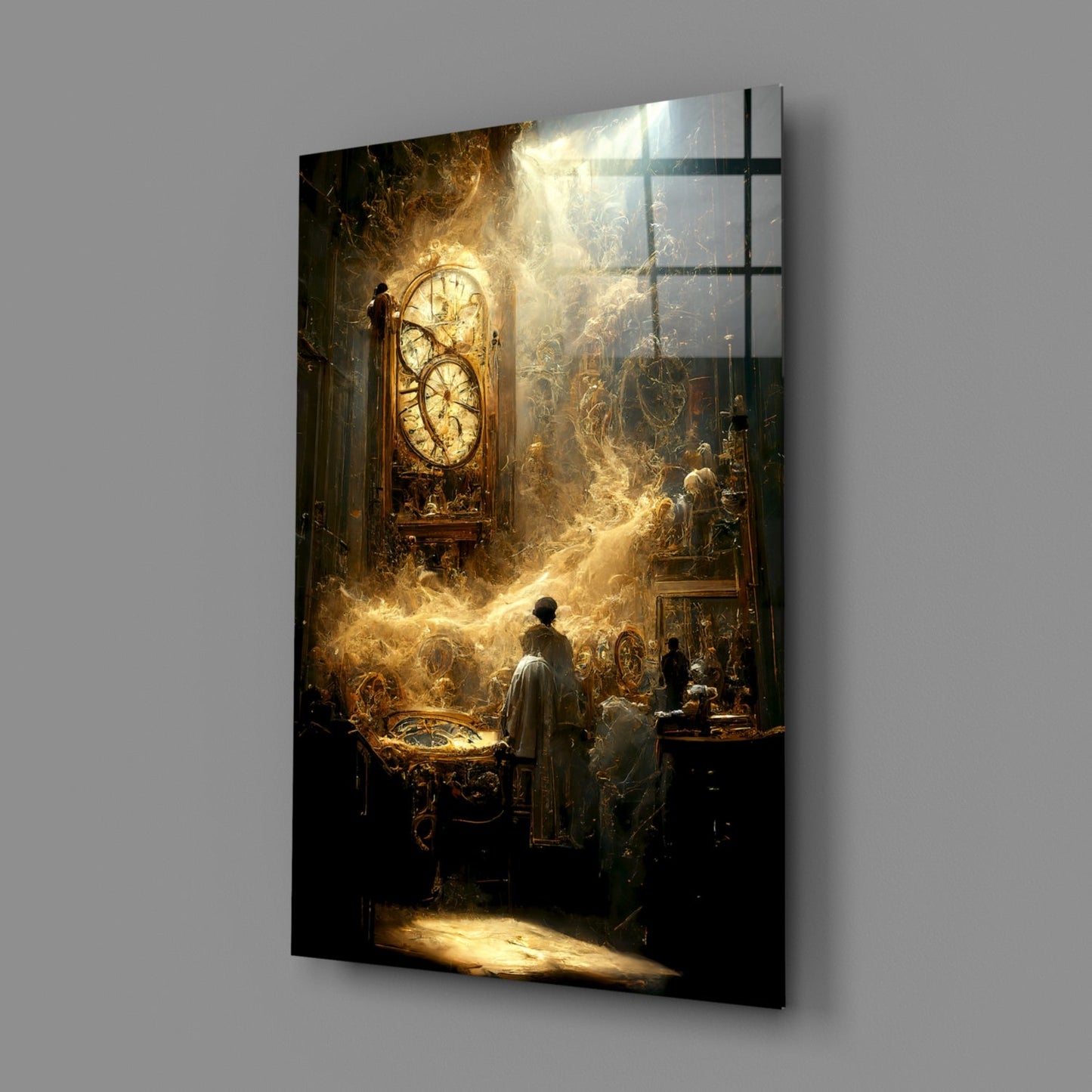 Glass art panel mounted on gray wall showing ornate golden clock in mystical chamber with figures and divine light rays.