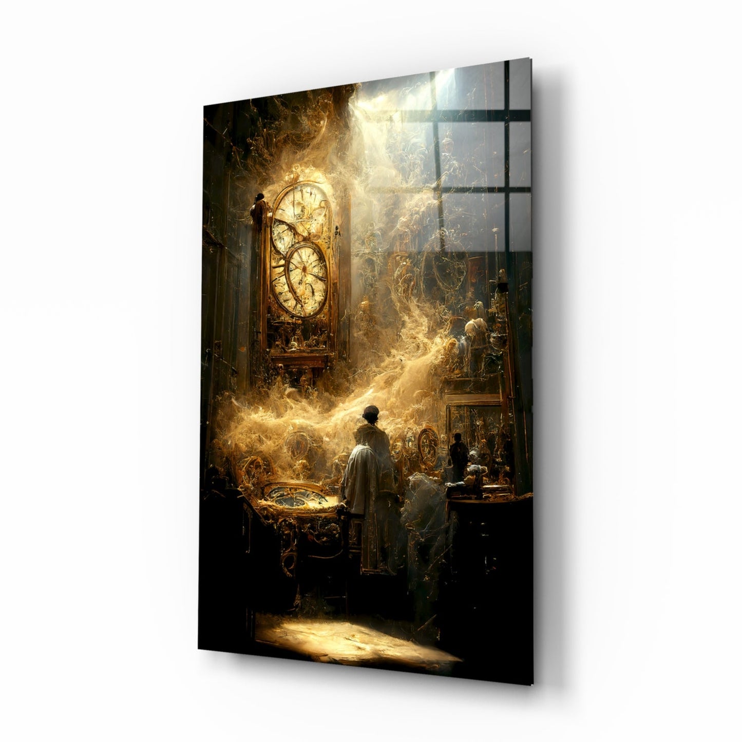 Angled side view of glass art panel showing ornate golden clock and figures bathed in warm light against dark background.