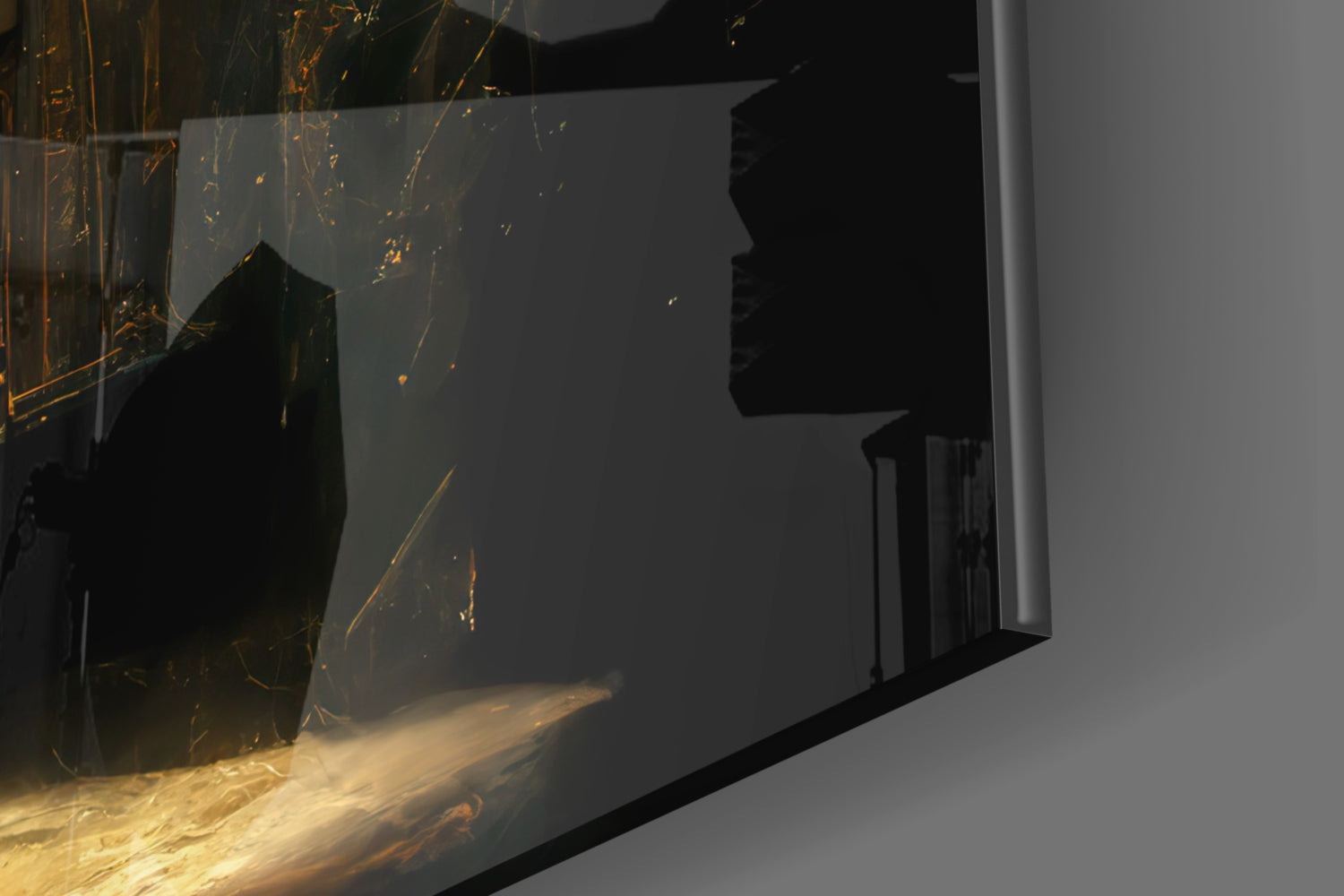 Close-up detail of Time Flow Glass Art showing golden liquid flow against dark silhouetted architectural forms within transparent glass.