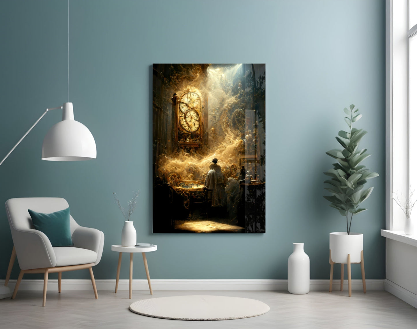 Time Flow Glass Art displayed on a teal wall above a white chair, showing golden clock and figures in atmospheric light.