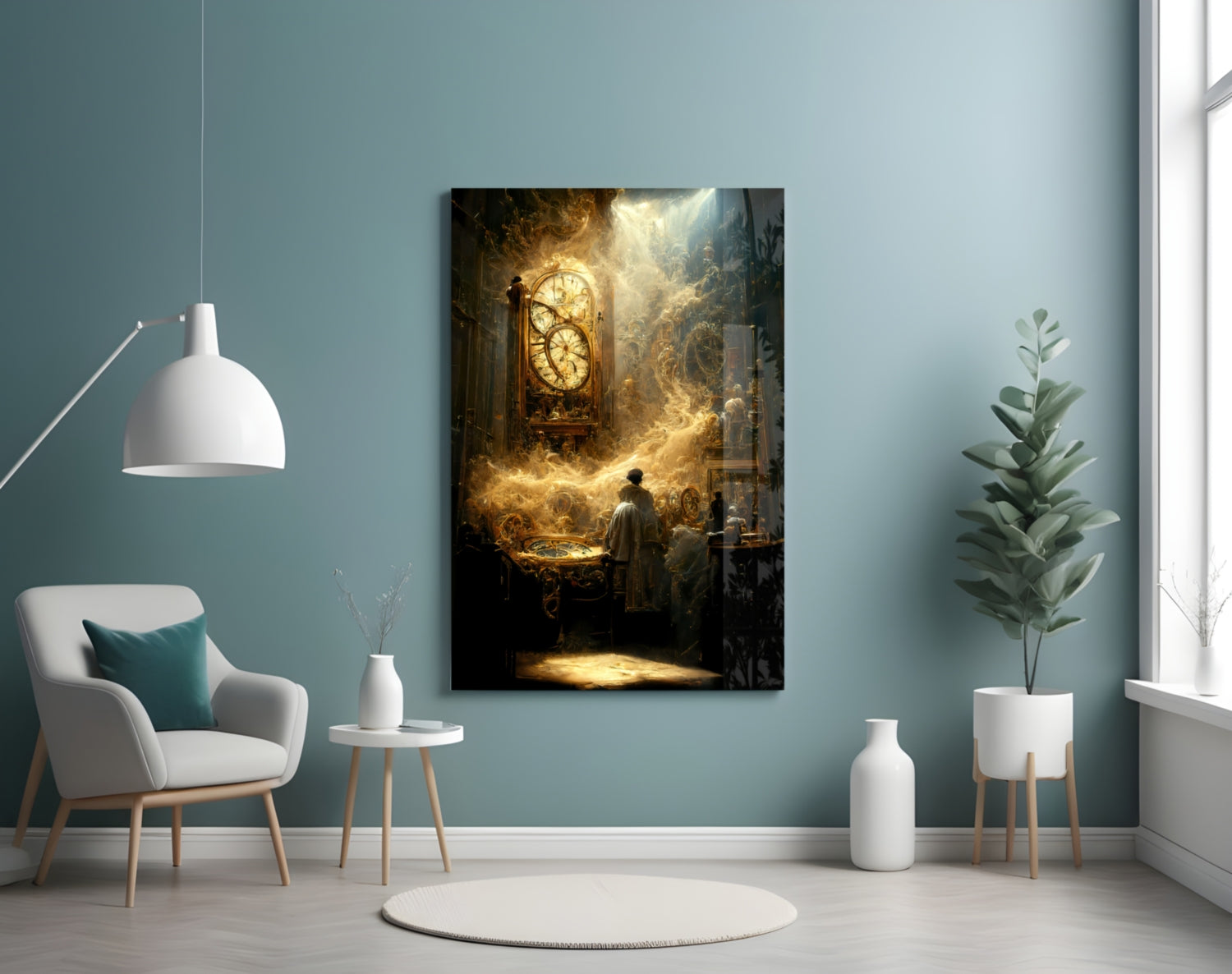 Time Flow Glass Art displayed on a teal wall above a white chair, showing golden clock and figures in atmospheric light.