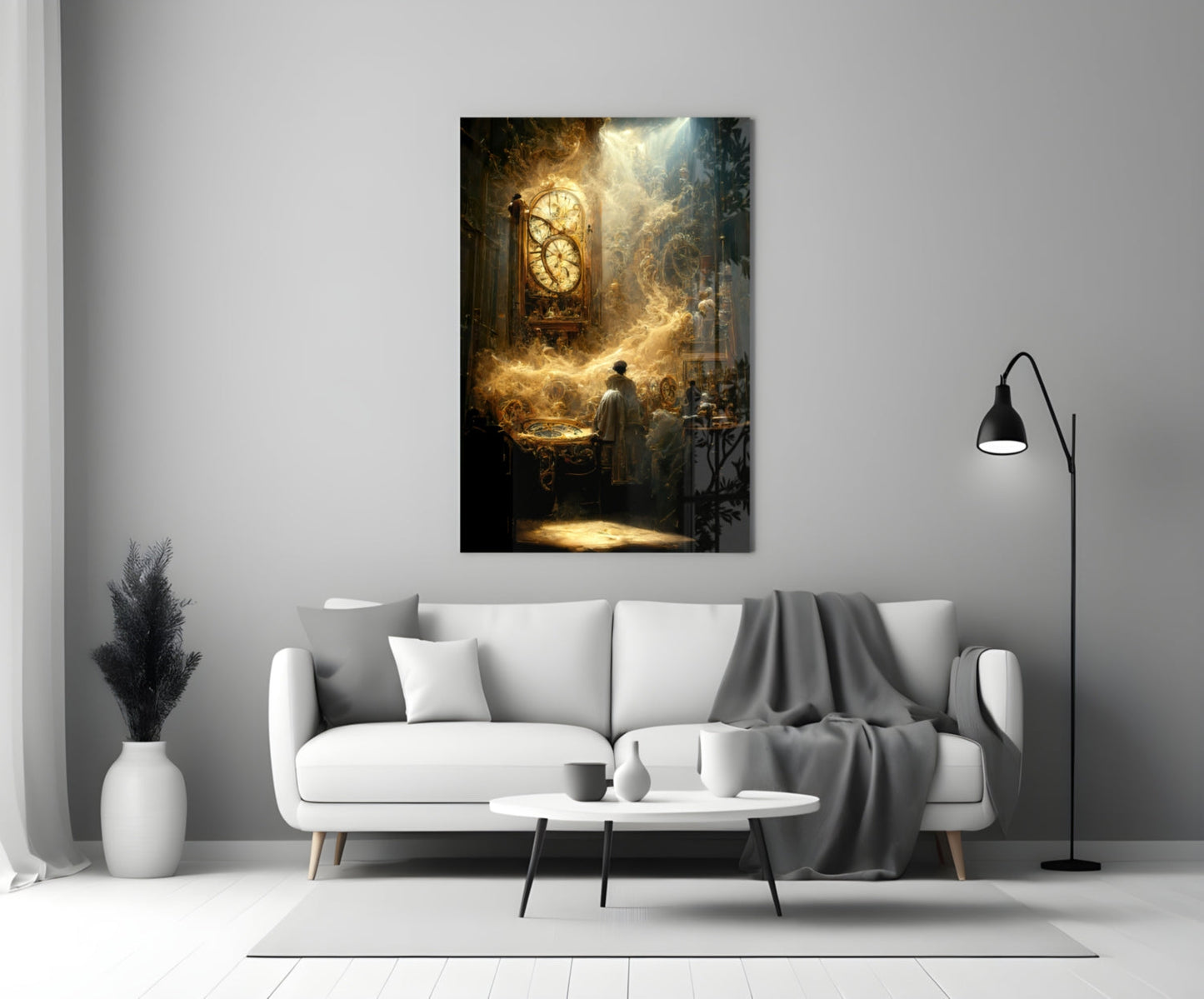 Time Flow Glass Art mounted above a white sofa in a modern living room, depicting a glowing golden clock in an ornate interior setting.