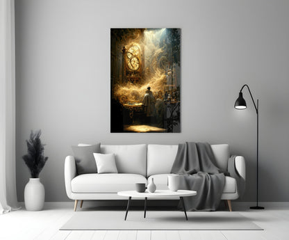 Time Flow Glass Art mounted above a white sofa in a modern living room, depicting a glowing golden clock in an ornate interior setting.