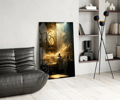 Modern interior room with gray leather sofa, framed golden-toned artwork of a clock and figures, black floor lamp, and white shelving unit.