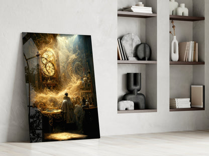 Canvas artwork leaning against white wall displaying golden-lit clock tower scene, with wooden shelves and decorative objects visible to the right.