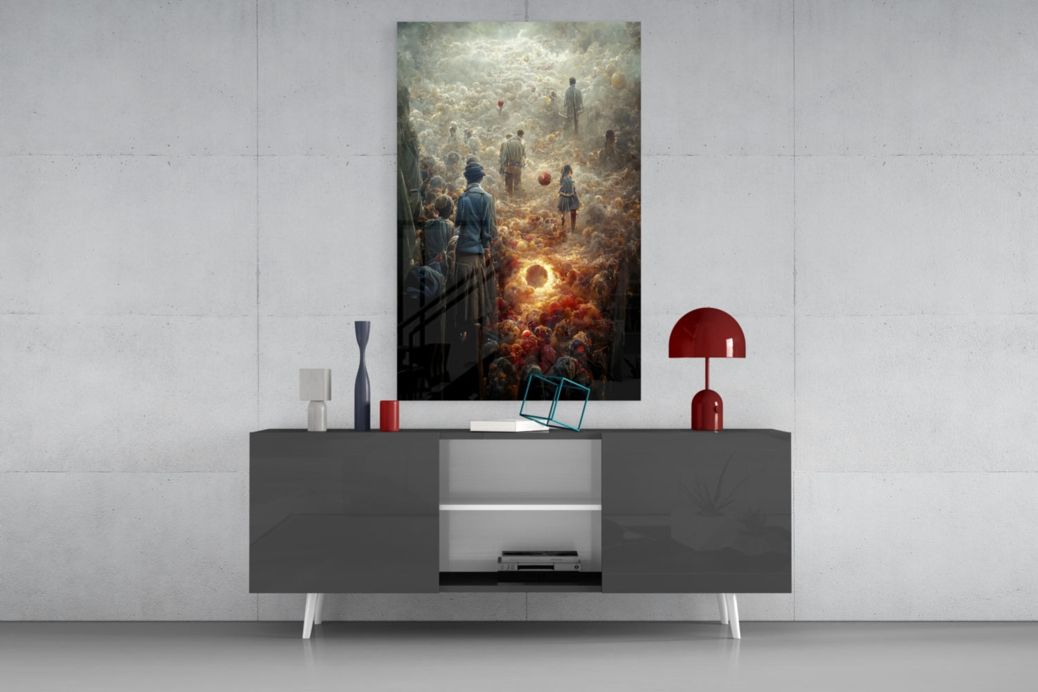 Abandonment Glass Art displayed above a modern gray media console, featuring a surreal painting of figures in golden light with a glowing orb center.