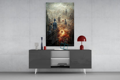 Abandonment Glass Art displayed above a modern gray media console, featuring a surreal painting of figures in golden light with a glowing orb center.