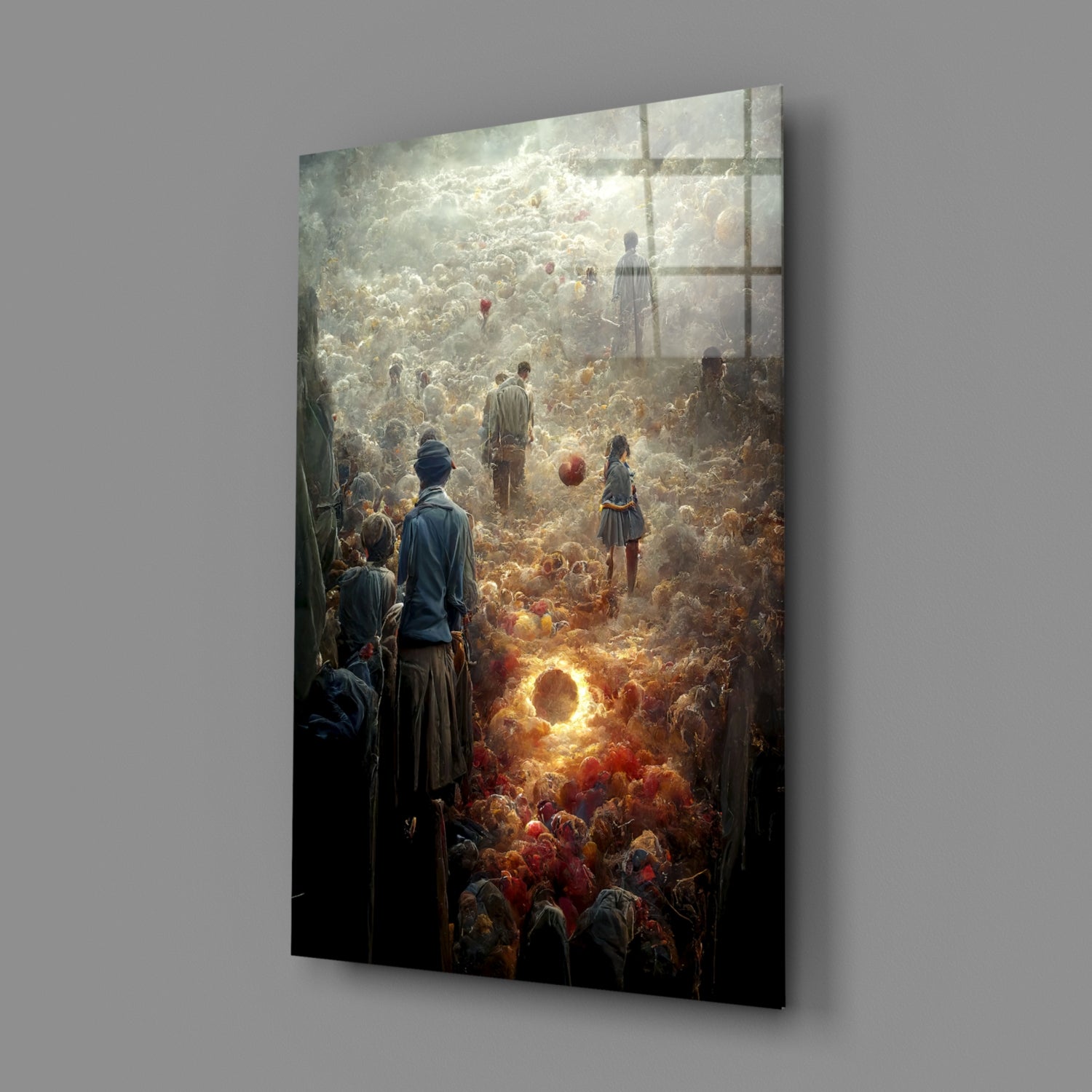 Glass art canvas displayed at an angle showing a crowd scene with golden light and darker foreground figures.