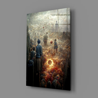 Glass art canvas displayed at an angle showing a crowd scene with golden light and darker foreground figures.