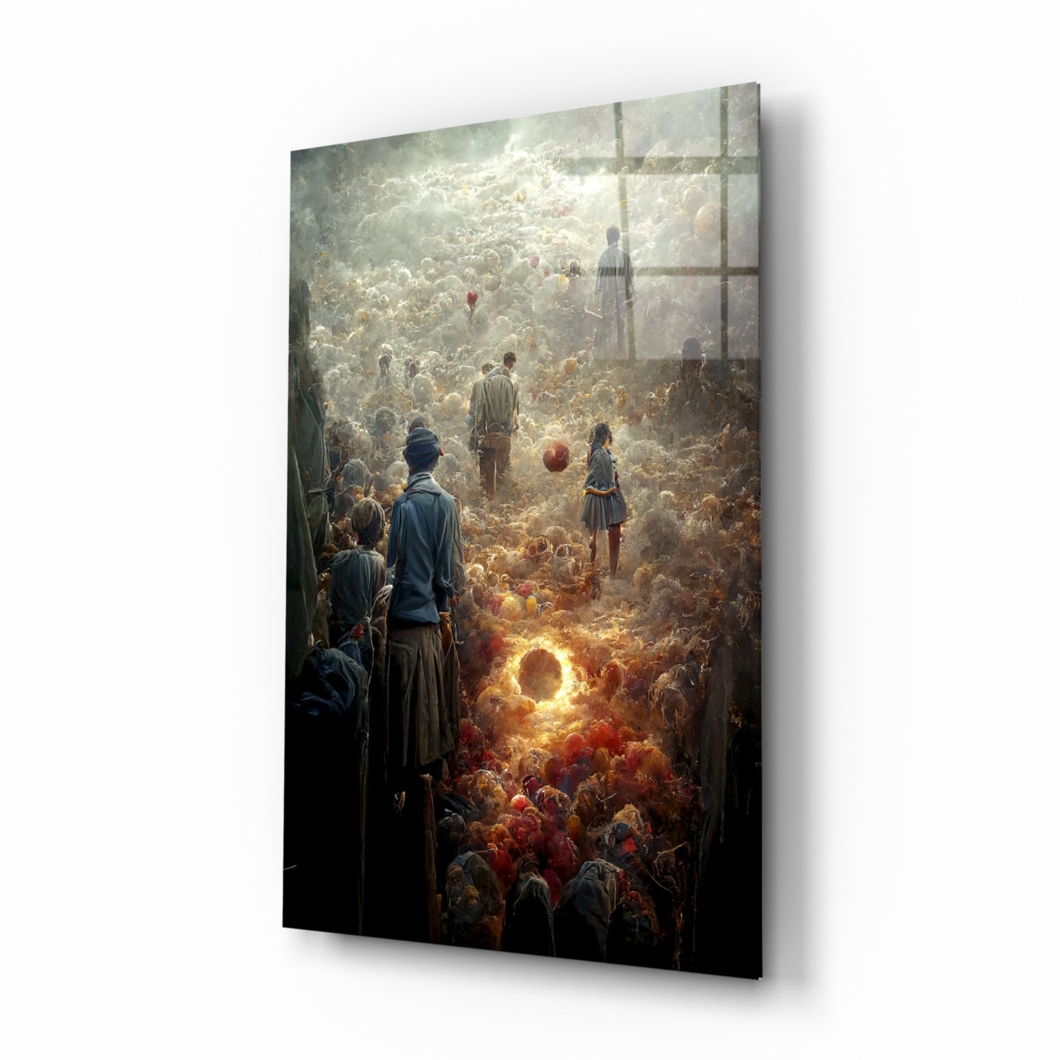 Glass art panel mounted on wall displaying a surreal crowd scene with glowing orbs and figures in warm amber and cool blue tones, photographed at an angle showing depth and shadow.