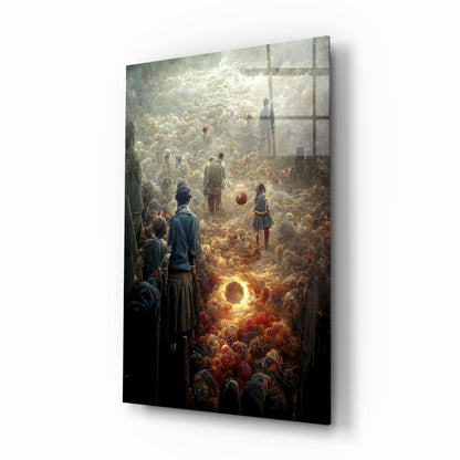 Glass art panel mounted on wall displaying a surreal crowd scene with glowing orbs and figures in warm amber and cool blue tones, photographed at an angle showing depth and shadow.