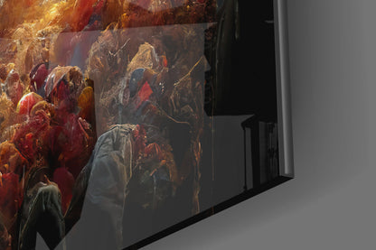 Angled view of large glass panel displaying dramatic oil painting with red and gold figures against dark background, mounted on white wall.