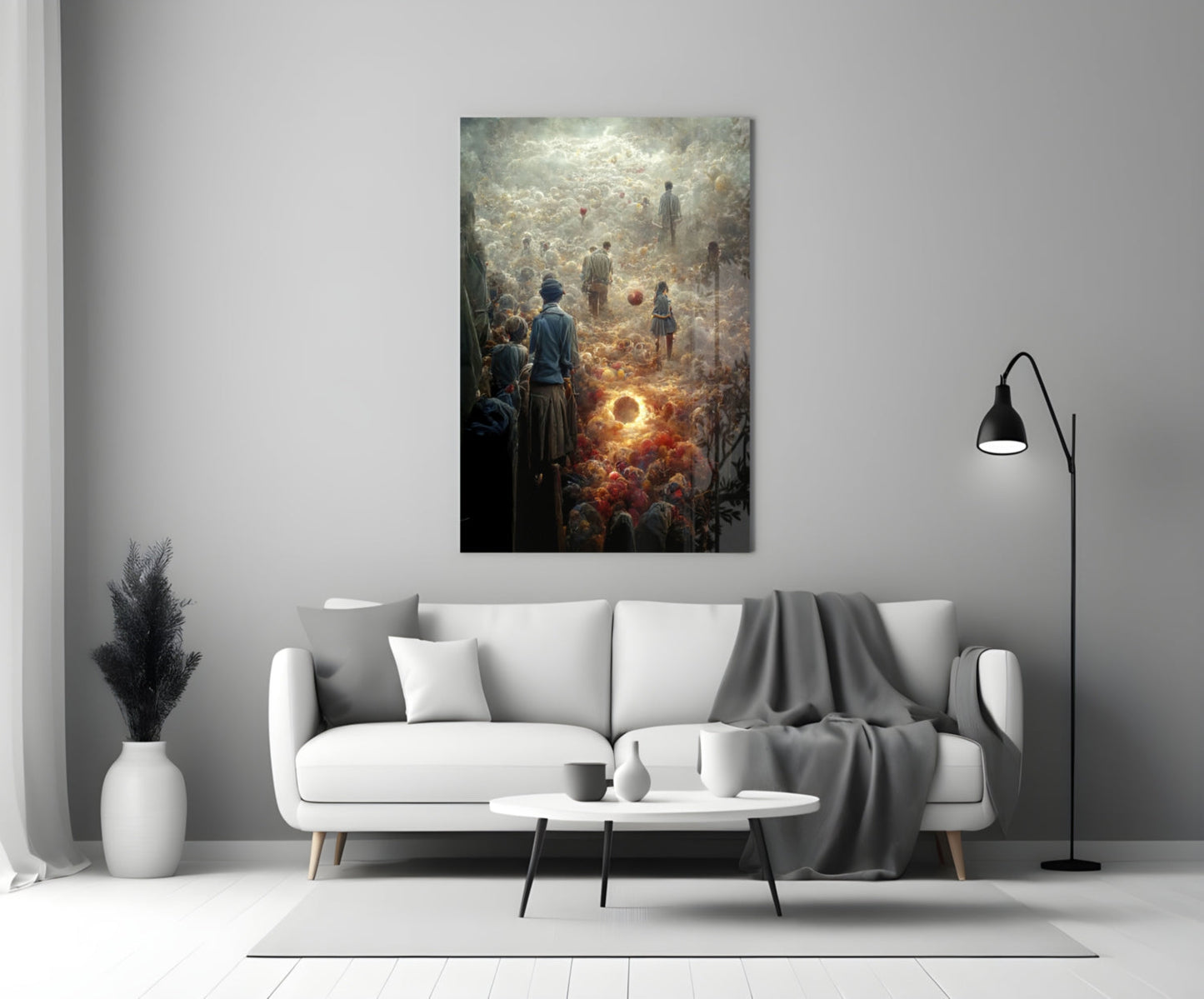 Glass art depicting a crowd of figures amid golden light, displayed above a white sofa in a modern living room.