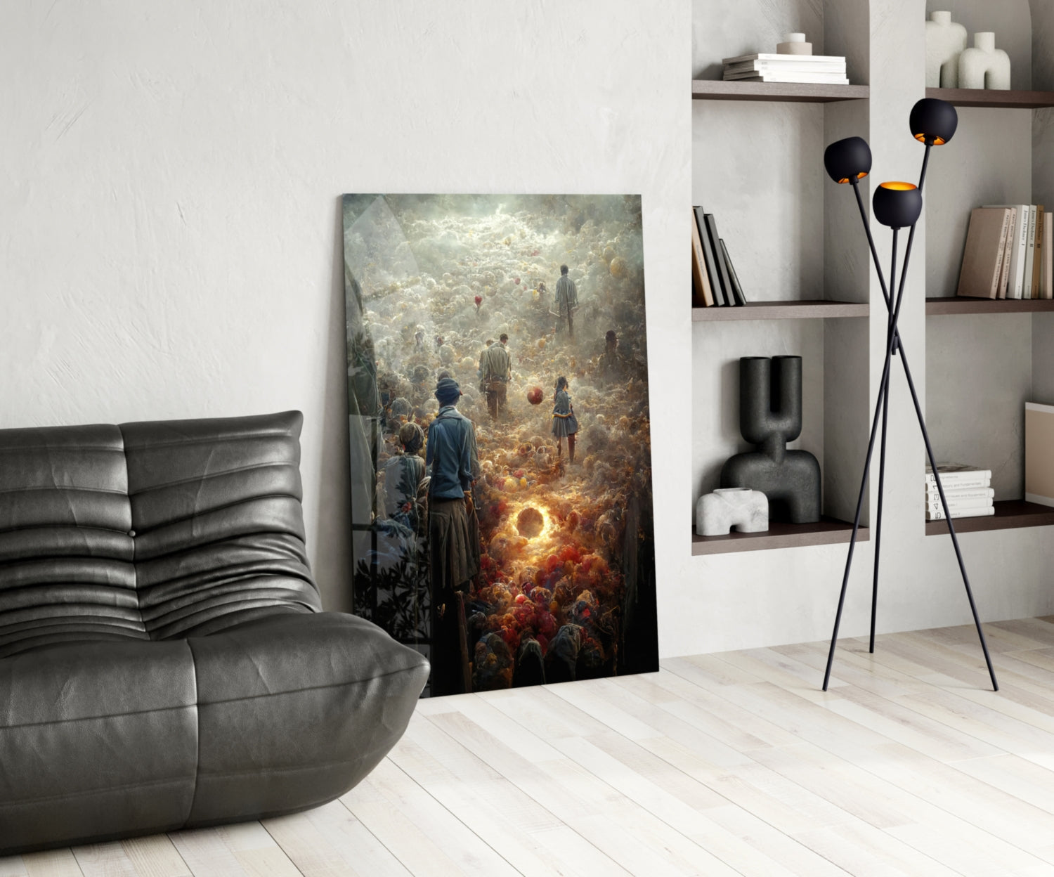 Vertical glass art panel depicting a crowd of figures gazing at glowing orbs in warm golden and orange tones, displayed in modern living room setting.