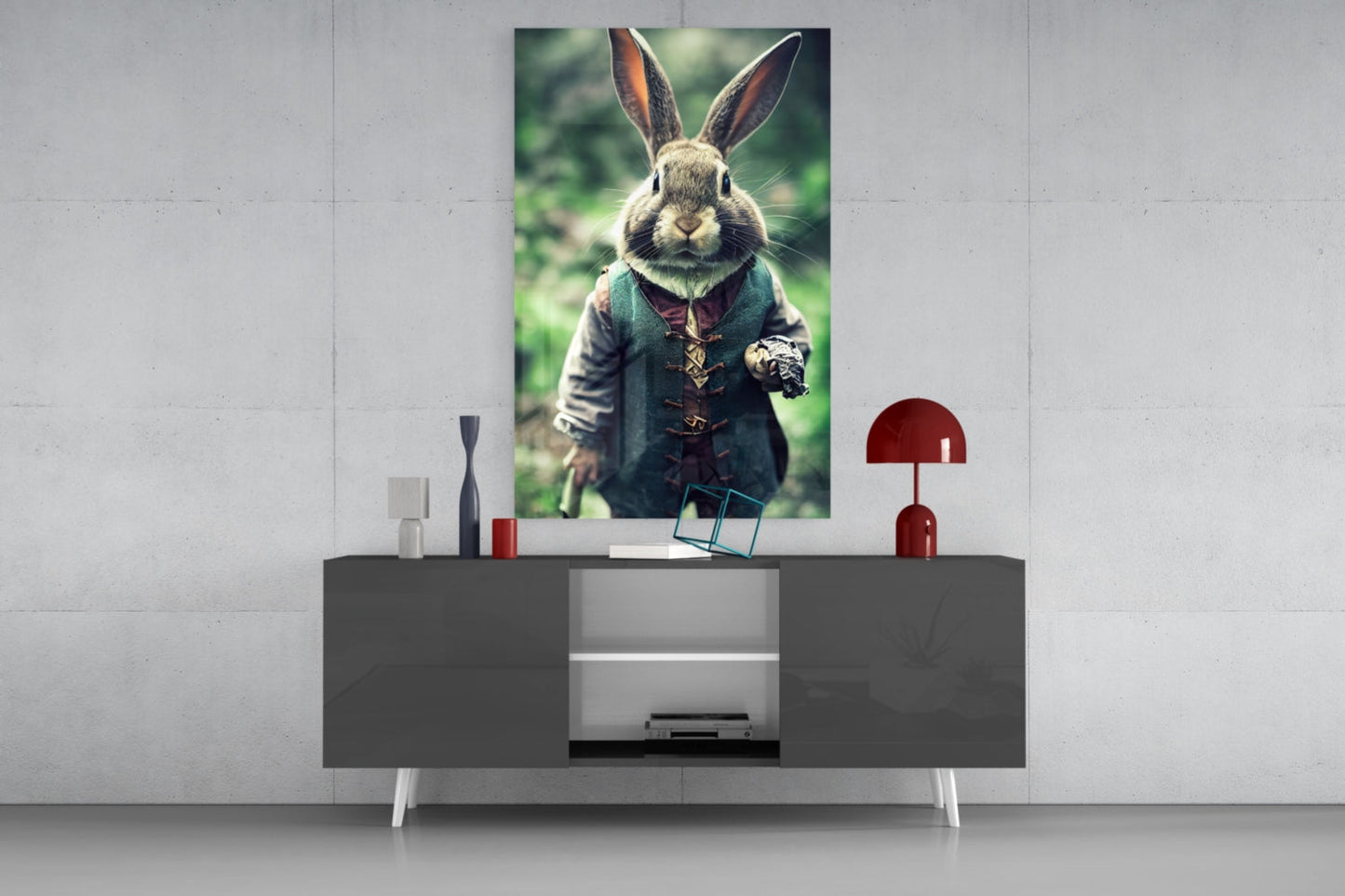Glass wall art depicting an anthropomorphic rabbit in Victorian clothing displayed above a dark console table in a modern interior setting.